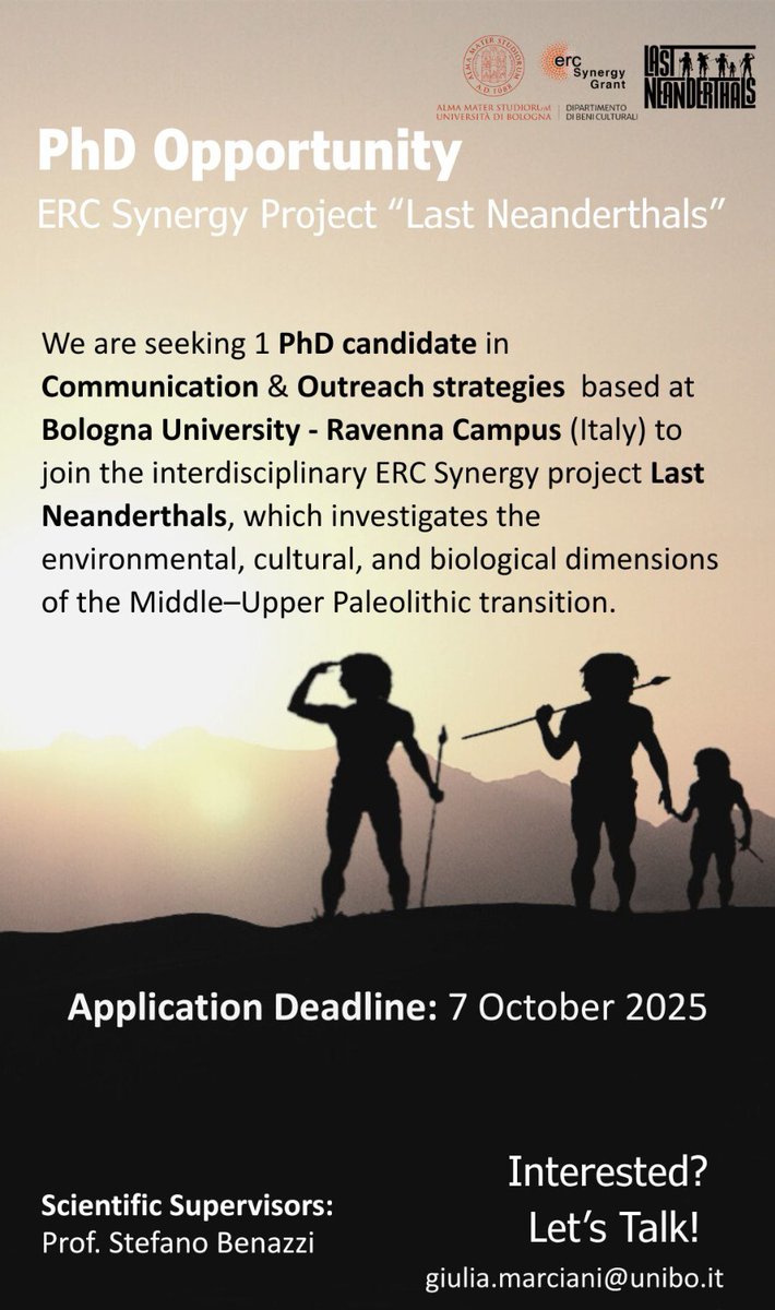 BonesLabUnibo's tweet image. PhD opportunity at BONESLAB in the ERC project Last Neanderthals! 🦴✨ Check the details and join us!
#PhD #Archaeology #ERC
unibo.it/en/study/phd-p…