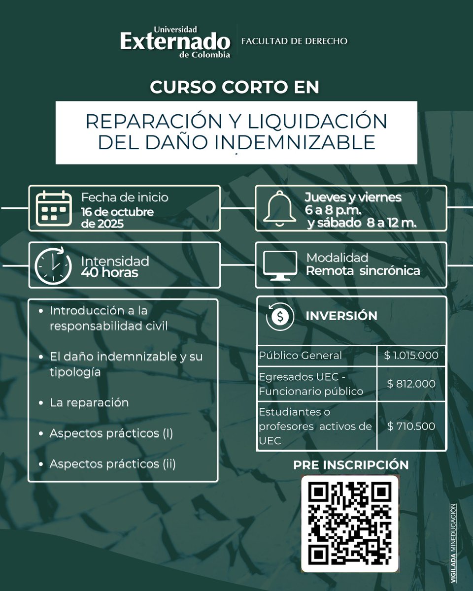 CURSO CORTO EN REPARACIÓN Y LIQUIDACIÓN DEL DAÑO INDEMNIZABLE.
A partir del 16 de octubre de 2025.
En el siguiente enlace o escaneando el QR podrán realizar su pre-inscripción: forms.office.com/r/wrEK8ijtcg
¡Los esperamos!