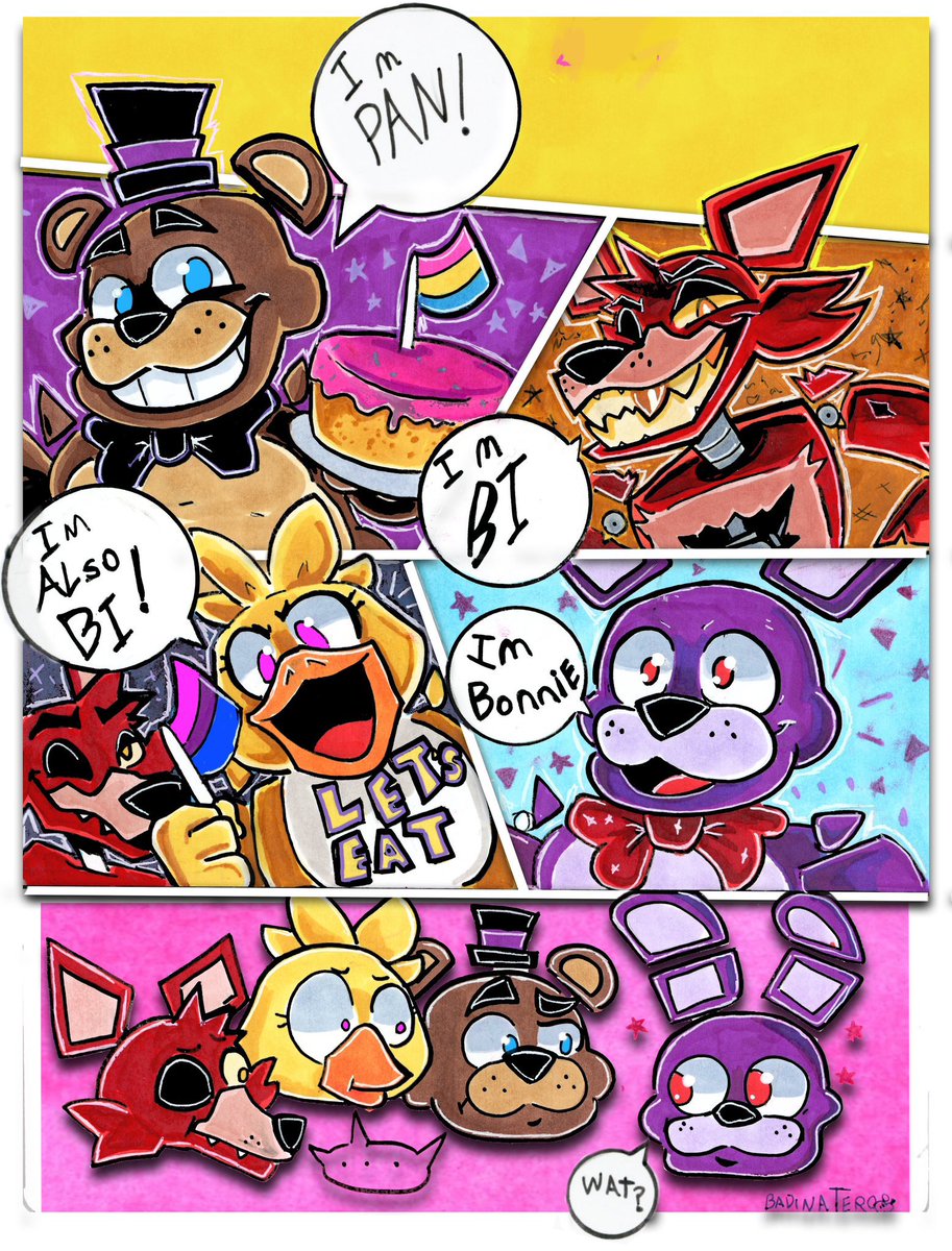 badinater's tweet image. Chat Howie made me also Happy Bi Day

#FNAF #freddyfazbear #foxy #chica #bonnie