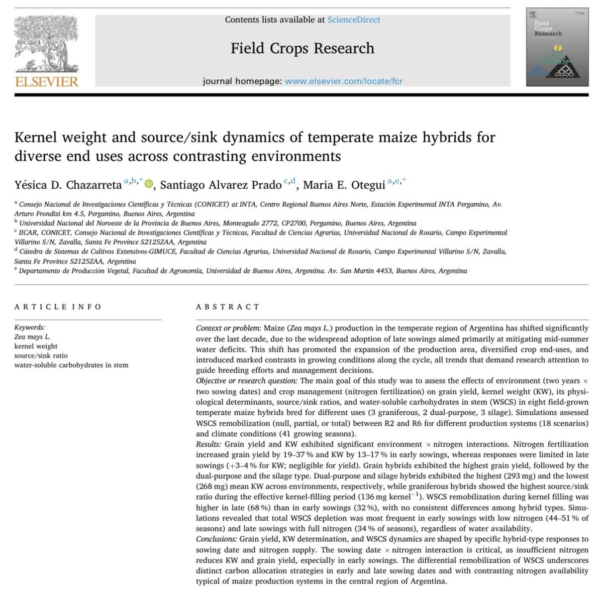📰🌽 I am thrilled to share that our article "Kernel weight and source/sink dynamics of temperate maize hybrids for diverse end uses across contrasting environments" was recently published in Field Crops Research.

authors.elsevier.com/a/1lps81M2tVcw…