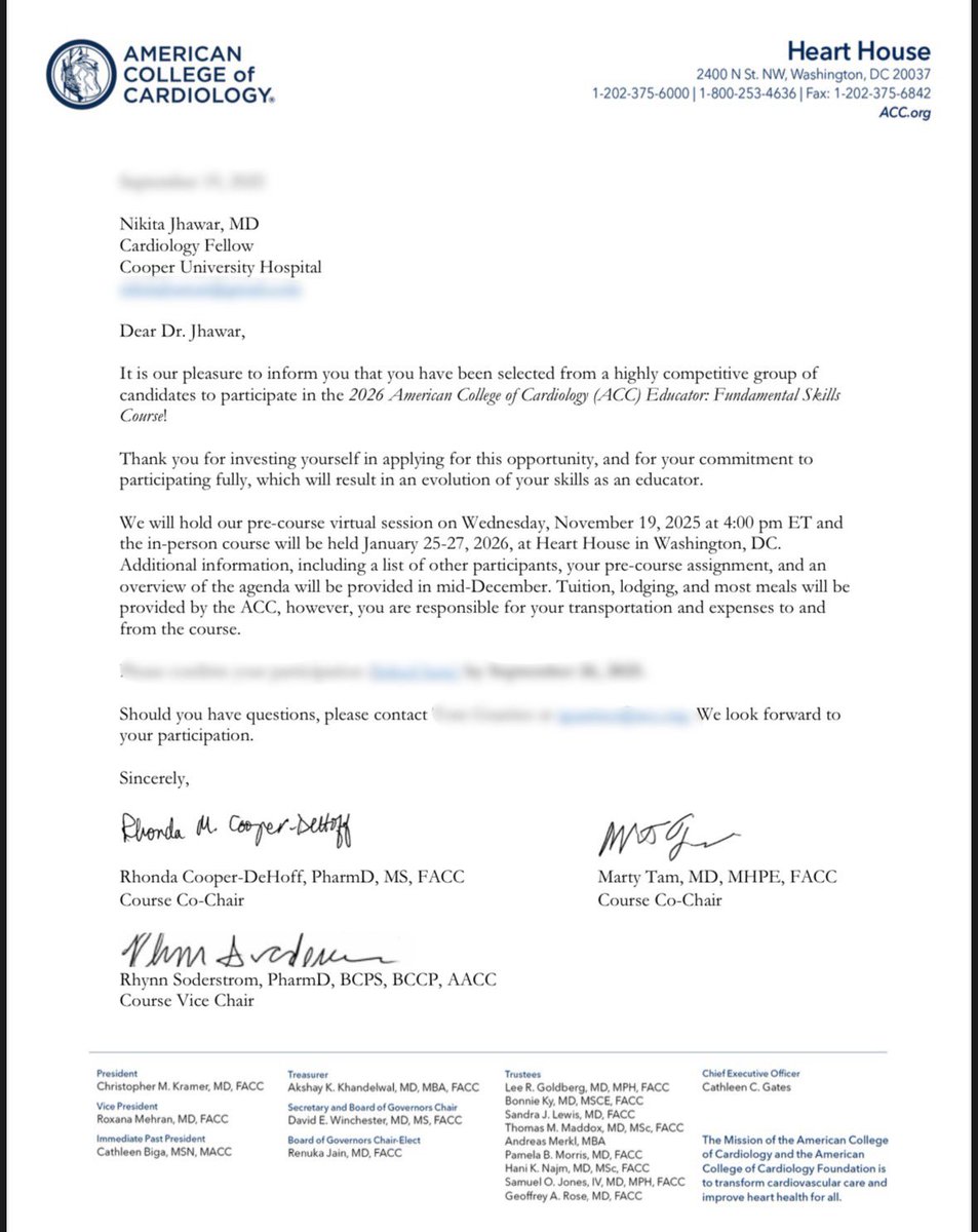 Thrilled to be selected for the ACC Educator Fundamental Skills Course! 

I’m so grateful to <a href="/ACCinTouch/">American College of Cardiology</a> for this incredible opportunity to grow as a clinician-educator. Excited to be back at the Heart House soon! 🫀

#MedEd #Cardiology #ACCFIT #ACC