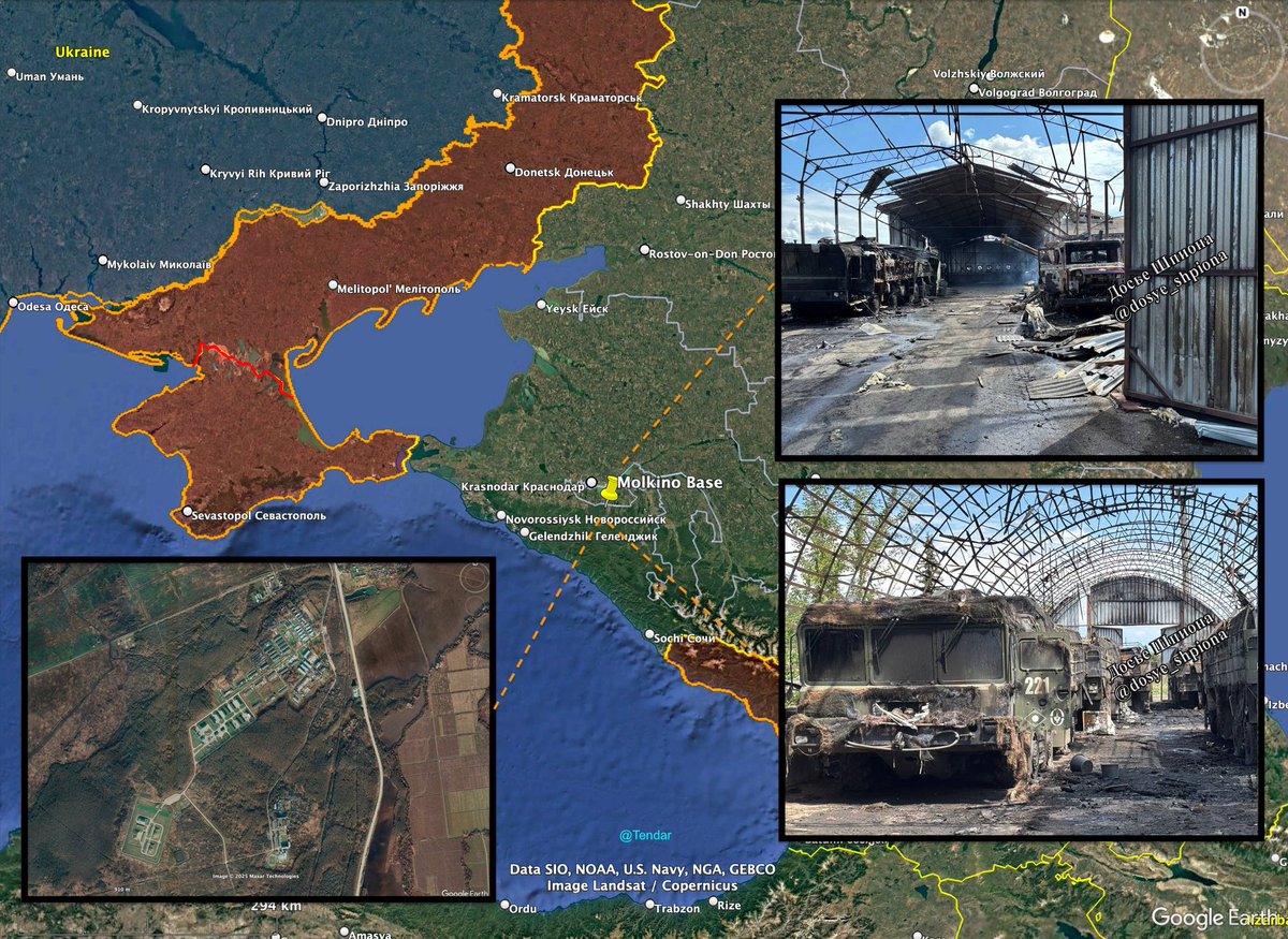 Pictures have been leaked showing destroyed warehouses at the Russian Molkino base in the Krasnodar region, Russia. The base is home to the 1st Guards Missile Brigade. 

at least one Iskander missiles system 9K720 and five loaders type 9T250 were destroyed. A Pantsir-S1😵