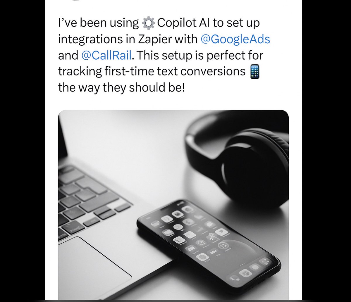 🚀 Just tested a killer setup:
Copilot AI inside <a href="/zapier/">Zapier</a> + <a href="/CallRail/">CallRail</a> + <a href="/GoogleAds/">Google Ads</a> → now tracking 🎯 First-Time Text Leads 🎯 as true conversions.

No code, just smart AI-assisted integrations mapping phone → ad data → conversions.
✅ Transparent
✅ Accurate
✅ Game-changing