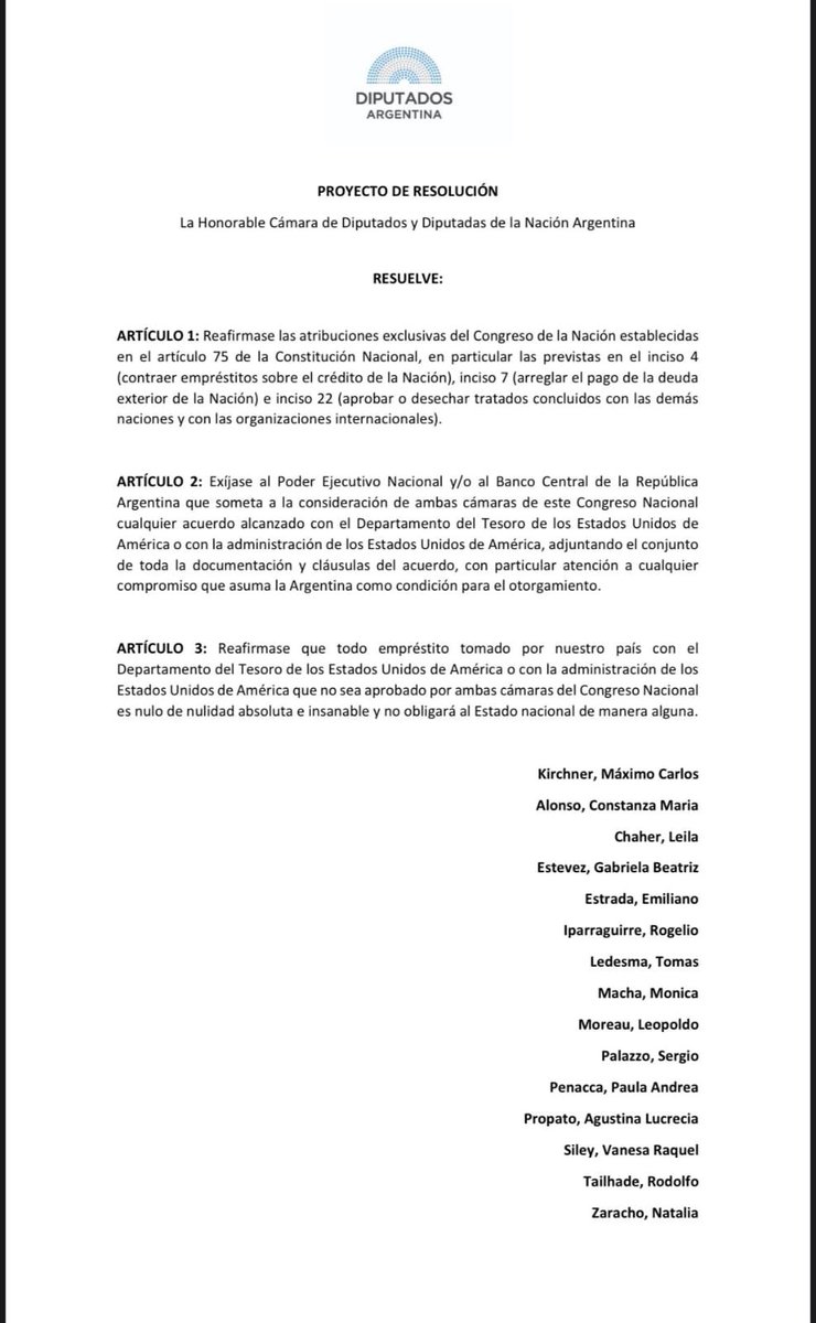 gabiestevezok's tweet photo. Junto a Máximo Kirchner y otros diputados y diputadas presentamos un Proyecto de Resolución reafirmando la vigencia del art. 75 de la Constitución Nacional: cualquier deuda tomada con EEUU sin la aprobación del Congreso será nula de nulidad absoluta. La Patria no se vende. https://t.co/pN2XMxIIRI
