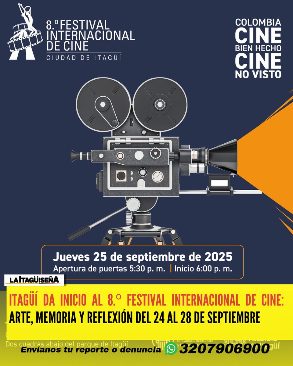 Itagüí se prepara para vivir cinco días de cine, cultura y reflexión.Del 24 al 28 de septiembre,se llevará a cabo la 8° edición del Festival Internacional de Cine Ciudad de #Itagüí, una iniciativa que desde 2018 ha consolidado un espacio para el séptimo arte en el Valle de Aburrá