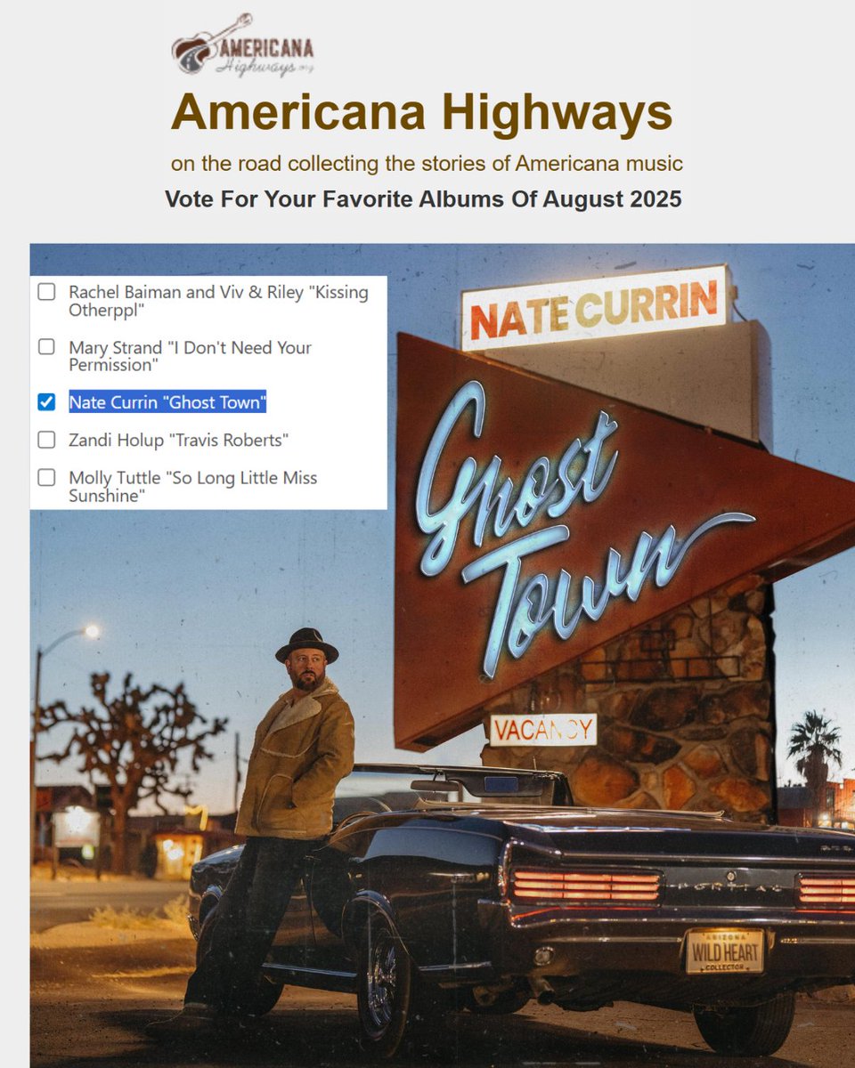 .<a href="/AmericanaHiways/">Americana Highways</a> features <a href="/natecurrin/">Nate Currin</a> on their "Vote For Your Favorite Albums of August 2025" poll alongside Molly Tuttle, Margo Price, Judy Blank, Case Oats, The Wood Brothers, and more.

Use the link below to cast your vote for Nate Currin today!

americanahighways.org/2025/09/02/vot…
