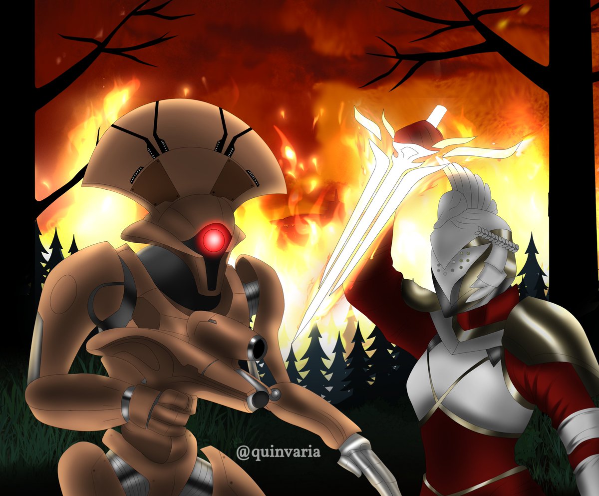 Quinvaria's tweet photo. When steel meets circuitry, only one survives the flames. 

 #digitalartwork  #ArtCommunity #artcommissions  #MechaVsKnight #artmoots https://t.co/GiH5P9nZnr