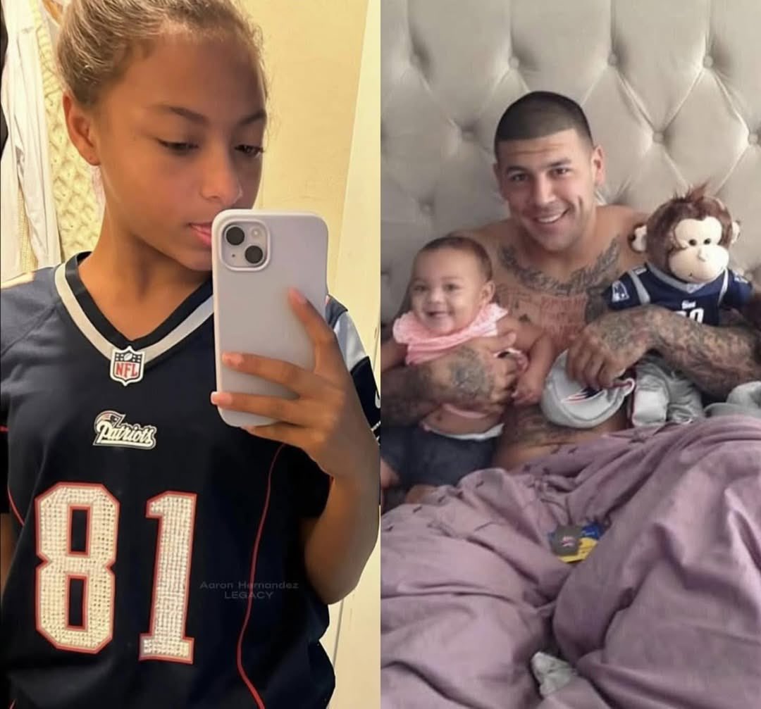 mymixtapez's tweet image. Late NFL star Aaron Hernandez’s daughter wearing his No. 81 Patriots jersey — a quiet tribute to her father’s legacy 💔🙏🏾