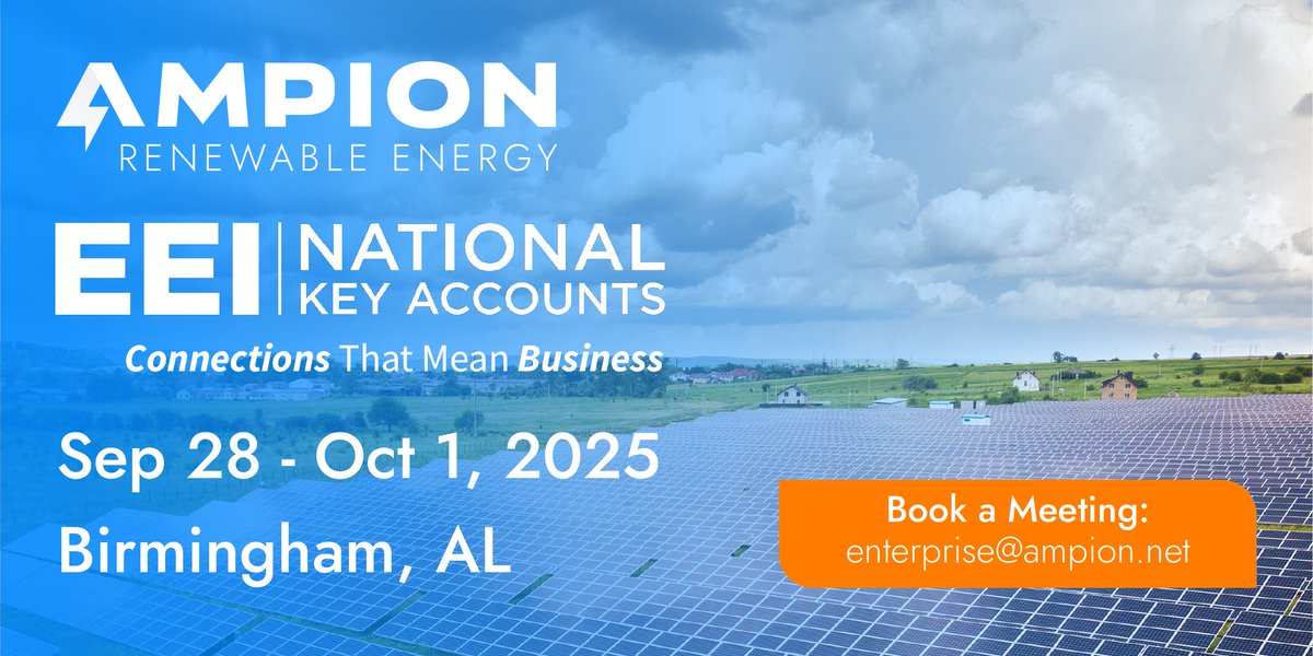 ⚡ Meet Ampion at the EEI Fall Key Accounts Workshop, hosted by <a href="/Edison_Electric/">EEI</a>. We want to hear about your company's energy needs, discuss sustainability strategies, and provide you with #CommunitySolar or #RenewableEnergy options best suited for your organization.