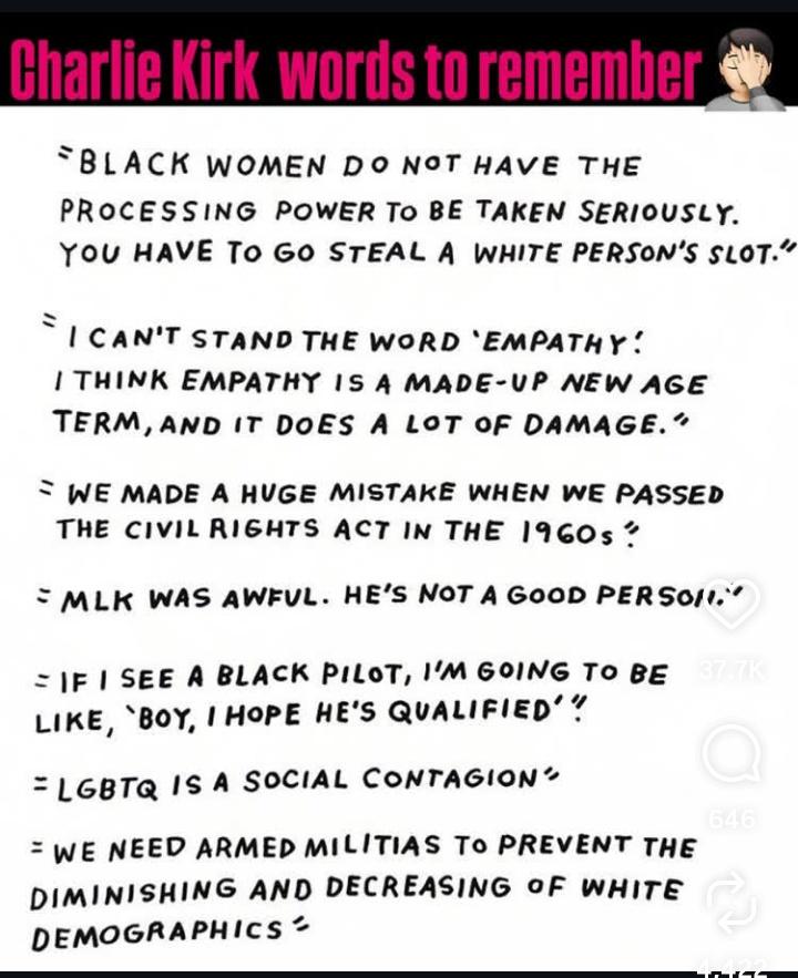 Provokethoughtz's tweet image. Charlie Kirk spread a dangerous rhetoric full of hate and intolerance.
Dying doesn't make you a better person.