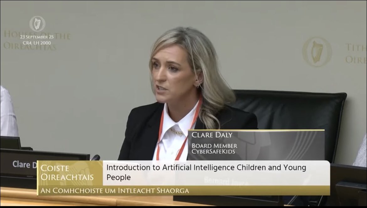 ‼️ 🤖 𝐂𝐡𝐢𝐥𝐝 𝐒𝐚𝐟𝐞𝐠𝐮𝐚𝐫𝐝𝐢𝐧𝐠 𝐚𝐧𝐝 𝐀𝐈- 𝐚𝐧 𝐔𝐫𝐠𝐞𝐧𝐭 𝐈𝐬𝐬𝐮𝐞 
At  𝘑𝘰𝘪𝘯𝘵 𝘖𝘪𝘳𝘦𝘢𝘤𝘩𝘵𝘢𝘴 𝘊𝘰𝘮𝘮𝘪𝘵𝘵𝘦𝘦 𝘰𝘯 𝘈𝘳𝘵𝘪𝘧𝘪𝘤𝘪𝘢𝘭 𝘐𝘯𝘵𝘦𝘭𝘭𝘪𝘨𝘦𝘯𝘤𝘦 speaking to the impact of AI on children and young people, with <a href="/CyberSafeKidsIE/">CyberSafeKids</a>