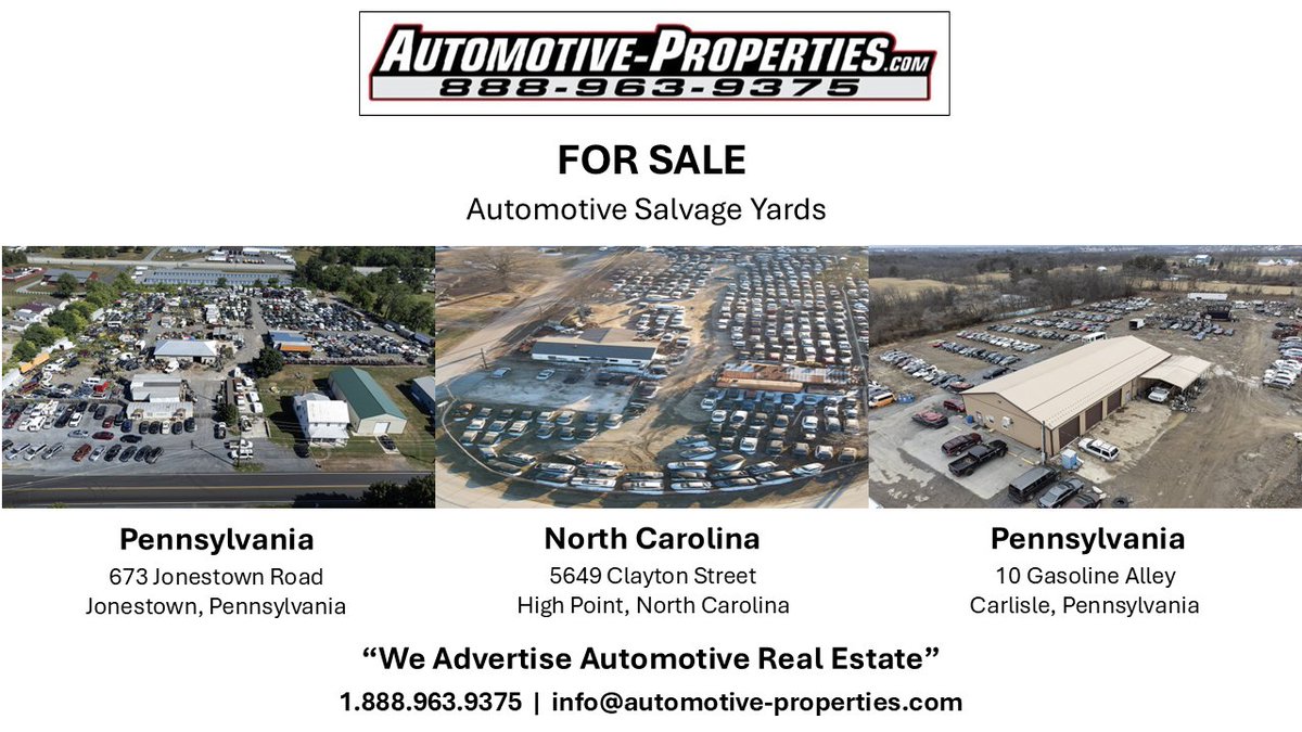 AutoProperties's tweet image. Automotive Salvage Yards FOR SALE  

- Established operations
- Real estate &amp;amp; inventory included
- Strong demand, repeat customers

View listings here: automotive-properties.com

#BusinessForSale #AutoWrecking #SalvageYard #AutomotiveBusiness #InvestmentOpportunity