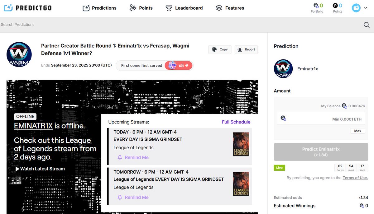I just made my first prediction on <a href="/PredictGo/">PredictGo</a> for my friend <a href="/eminatr1x/">EMINATR1X</a> against my boss <a href="/Ferasap1/">Ferasap | LMT</a> from <a href="/La_ManadaTeam/">La Manada team</a> (I hope ill have a job tomorrow hehe)

The match is in 2 hours with <a href="/wagmidefense/">WAGMI Defense</a>, dont miss the chance to predict and win at predictgo.io/predictions/61…