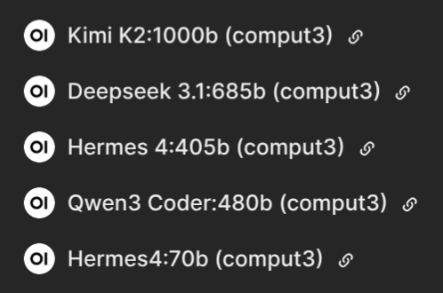 reneil1337's tweet image. Sad to see @AskVenice removed Deepseek R1 and Llama 3.1 405b from their API. The llm range that @comput3ai offers is soo far ahead 🕳️🐇

The screenshots show all models my OpenWebUI instance is accessing from both apis. I cheer for both projects but atm c3 has waay better llms 🌋