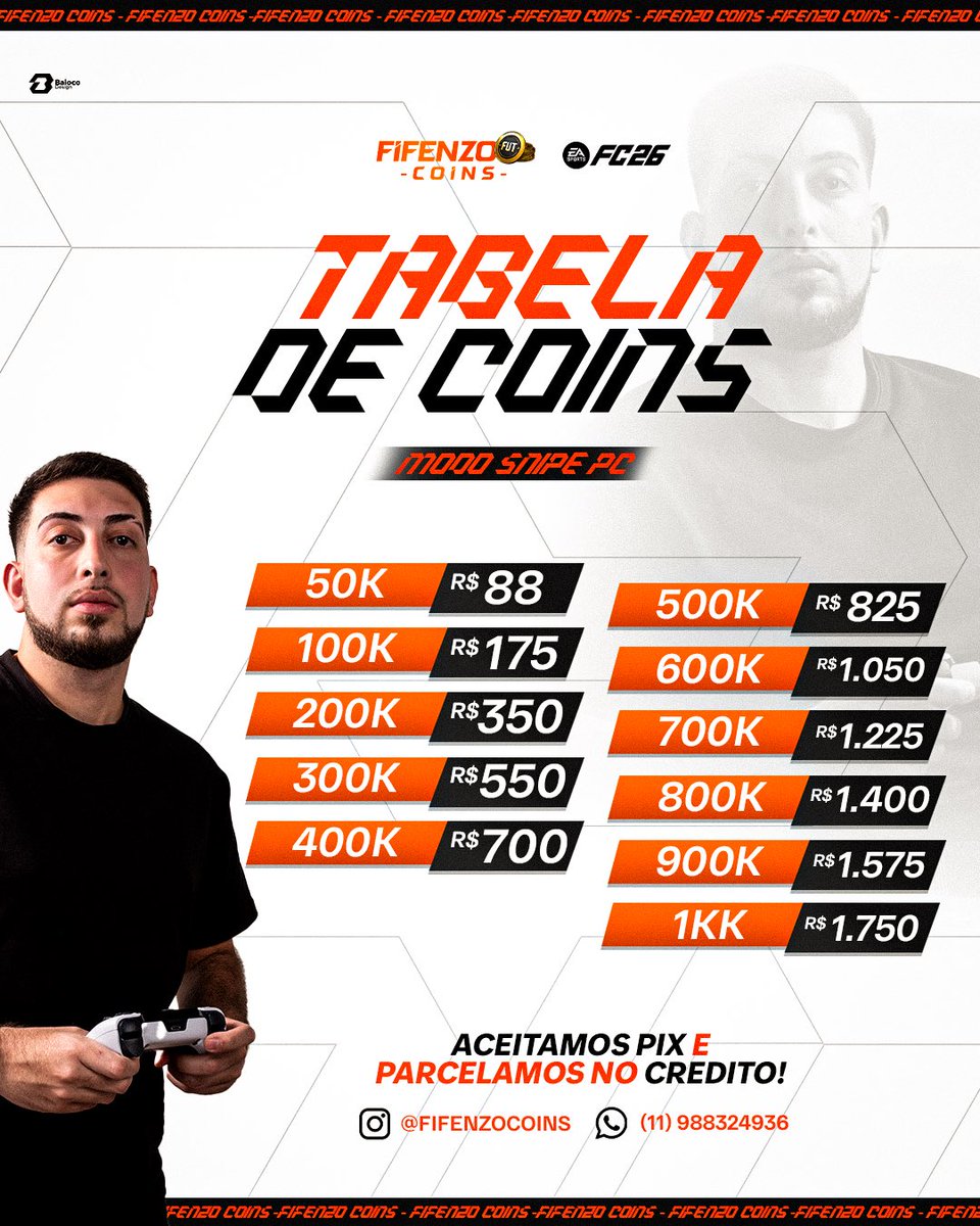 Instagram.com/fifenzocoins
Lancei minha empresa de coins tropa para o #FC26 quem tiver interesse em comprar ou vender coins contato abaixo ⬇️
só chamar no wpp: 11 98832-4936
Melhor preço do mercado! 👑