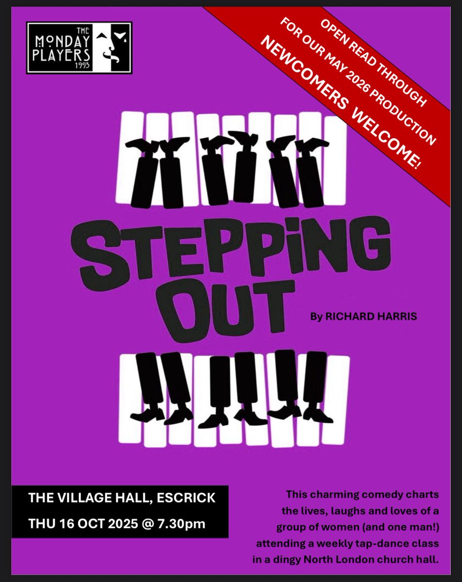 We will be hosting an open play reading evening on Thursday 16 October to ‘try out’ the script for our proposed May 2026 production: STEPPING OUT by Richard Harris. 

Newcomers are most welcome and will be able to join in as little or as much as they like….

Come give it a go!