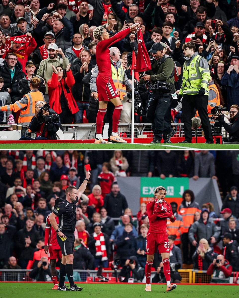 futtmais's tweet photo. Hugo Ekitiké saiu do banco e marcou o gol da classificação do Liverpool para a próxima fase da Copa da Liga Inglesa.

Seria o roteiro perfeito… se o atacante não tivesse tirado a camisa, levado o segundo amarelo e sido expulso.

Agora está fora contra o Crystal Palace, que segue invicto na Premier League.