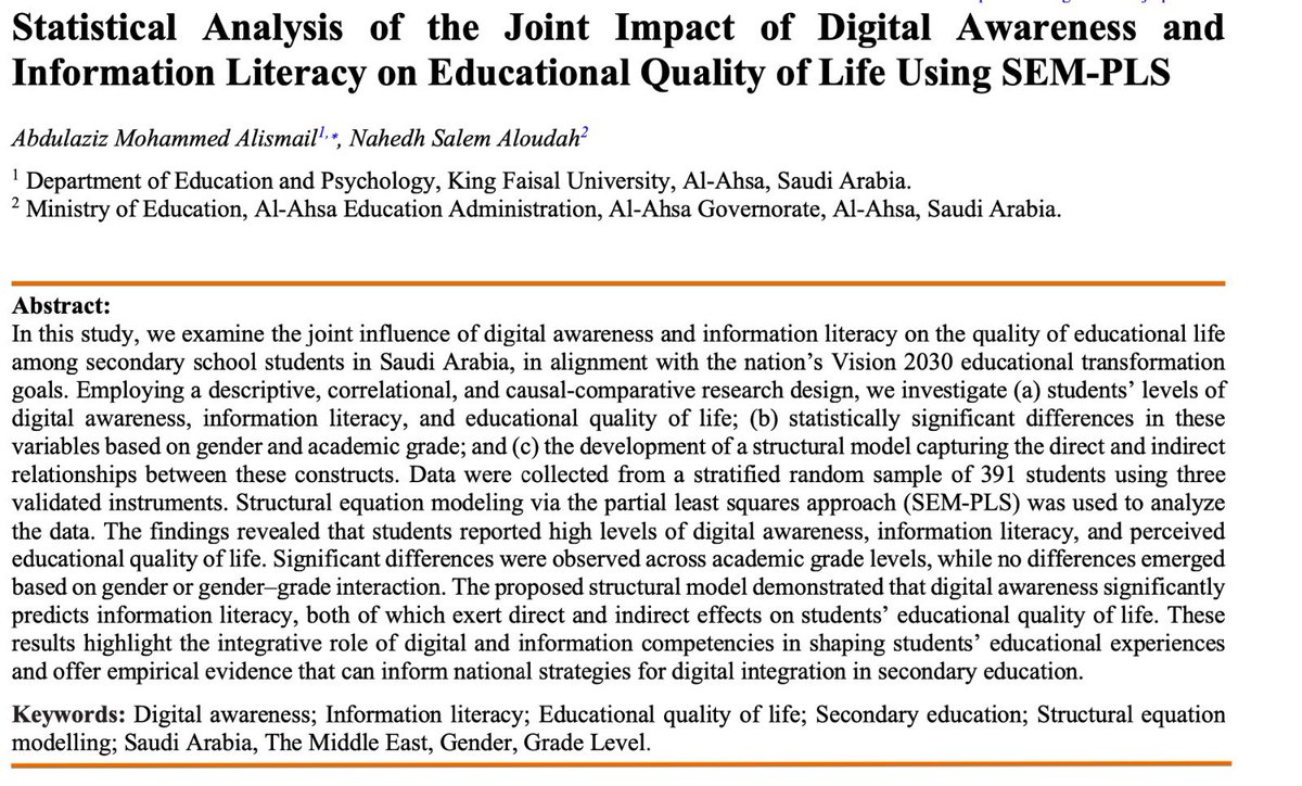 #باليوم_الوطني_السعودي_95
في إنجاز بحثي،قدّم د.عبدالعزيز السماعيل و.دناهض العوده <a href="/nshd00/">د.ناهض العوده</a> دراسة نُشرت في مجلة دولية تؤكد أن الوعي الرقمي والوعي المعلوماتي يعززان جودة الحياة التعليمية بما يواكب #رؤية_السعودية_2030