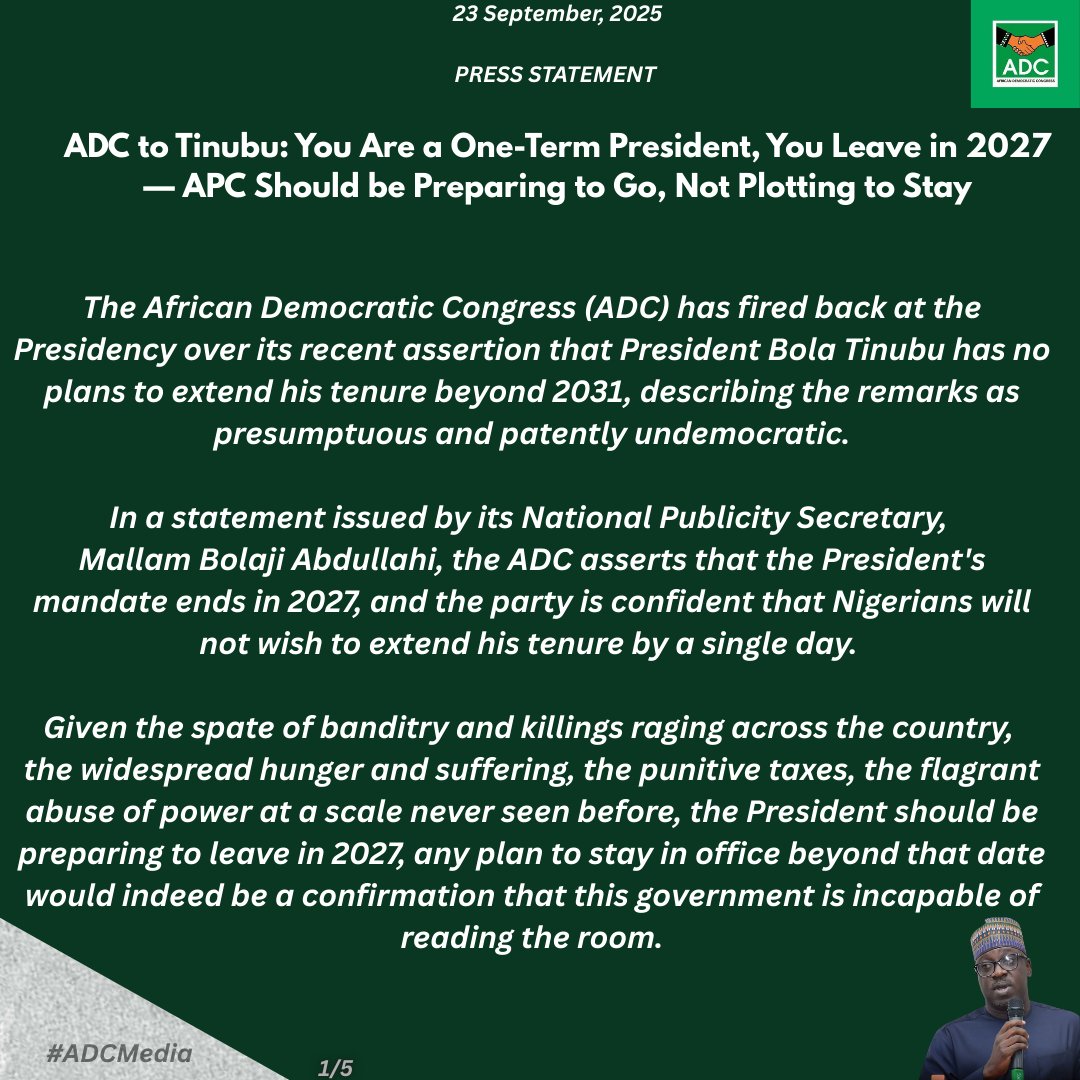 ItopaOfNigeria's tweet image. ADC to Tinubu: You Are a One-Term President, You Leave in 2027

— APC Should be Preparing to Go, Not Plotting to Stay

@emmaikumeh
@TheoAbuAgada
@royaltyuso
@PeterObi
@atiku 
@raufaregbesola
@DeleMomodu 
@elrufai
@smlukman
@babachirlawal
@Onemola
@Laurestar 
@IU_Wakilii
