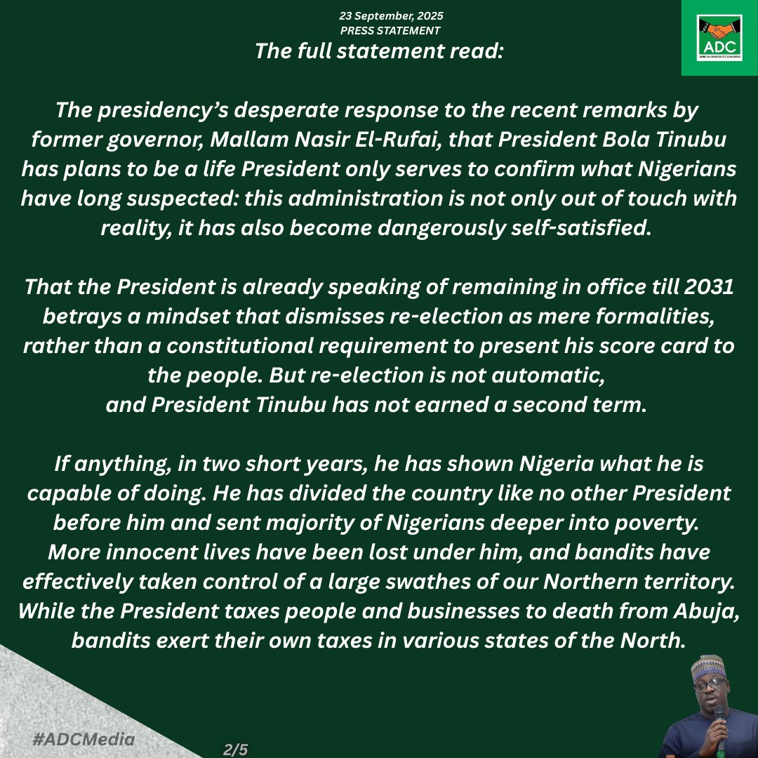 ItopaOfNigeria's tweet image. ADC to Tinubu: You Are a One-Term President, You Leave in 2027

— APC Should be Preparing to Go, Not Plotting to Stay

@emmaikumeh
@TheoAbuAgada
@royaltyuso
@PeterObi
@atiku 
@raufaregbesola
@DeleMomodu 
@elrufai
@smlukman
@babachirlawal
@Onemola
@Laurestar 
@IU_Wakilii