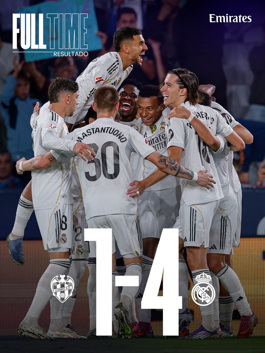 🏁 ليفانتي 1-4 ريال مدريد
⚽ 28' @ViniJr 
⚽ 38' ماستانتونو
⚽ 54' Etta Eyong
⚽ 64' <a href="/KMbappe/">Kylian Mbappé</a> (ضربة جزاء)
⚽ 66' <a href="/KMbappe/">Kylian Mbappé</a> 
@Emirates