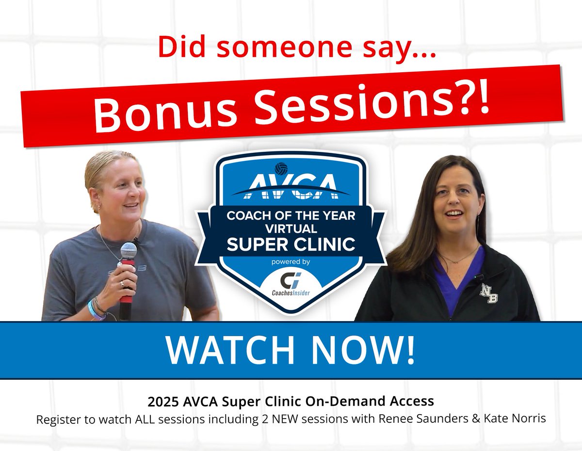 Watch TWO new sessions JUST added to the 2025 AVCA Virtual Super Clinic website as an added perk for attendees!

 🏐 "Winning the Sideout Game" with Coach Renee Saunders (NE)
 🏐 "Ball Handling for Practices" with Coach Kate Norris (TX)

Purchase On-Demand Video Access TODAY 👉