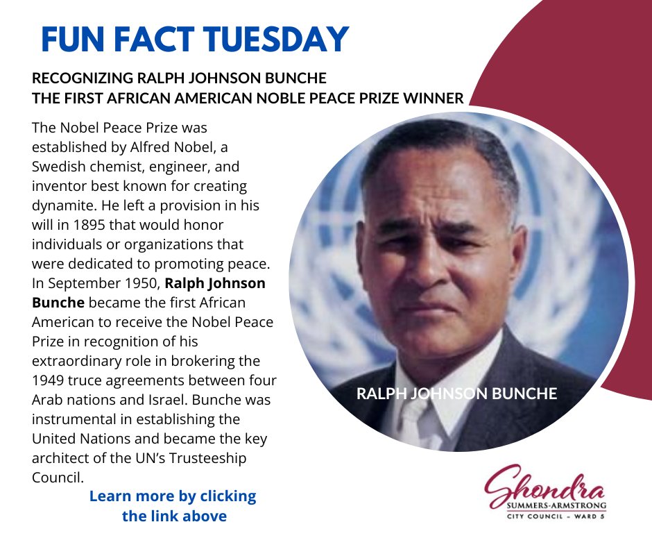 Four U.S. Presidents have won the Nobel Prize. But the first African American recipient was not a president—it was Ralph Bunche in 1950. A true international peace champion. Learn more: mailchi.mp/shondraarmstro…