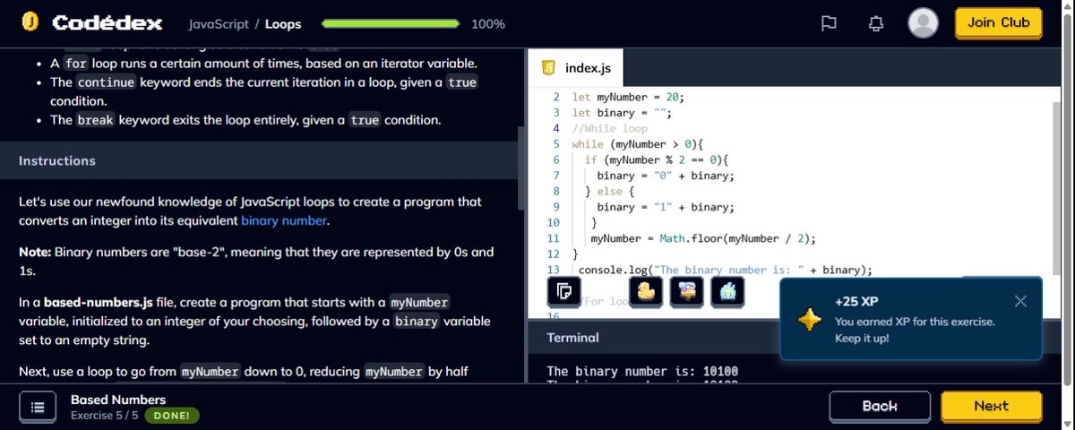 dtabesiakeestel's tweet image. Just wrote a simple JS program that converts numbers into binary using loops (While loop and For loop). Learning how to think in 0s and 1s 🖥️💡
Based Numbers 🔢 #JavaScript #CodingJourney #CodedexBasedNumbers @codedex_io
