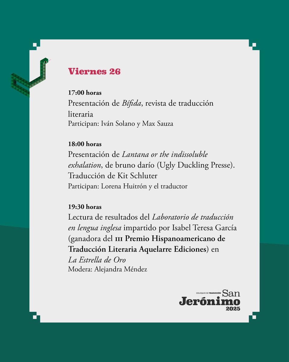 Esta semana, en el Coloquio de Traducción San Jerónimo 2025, organizado por <a href="/AquelarreEd/">Aquelarre Ediciones</a> y <a href="/EditorialUV/">Editorial UV</a>, presentaremos los números 1 y 2 de «Bífida». Chequen el programa; no hay pierde. ¡Todos invitados!