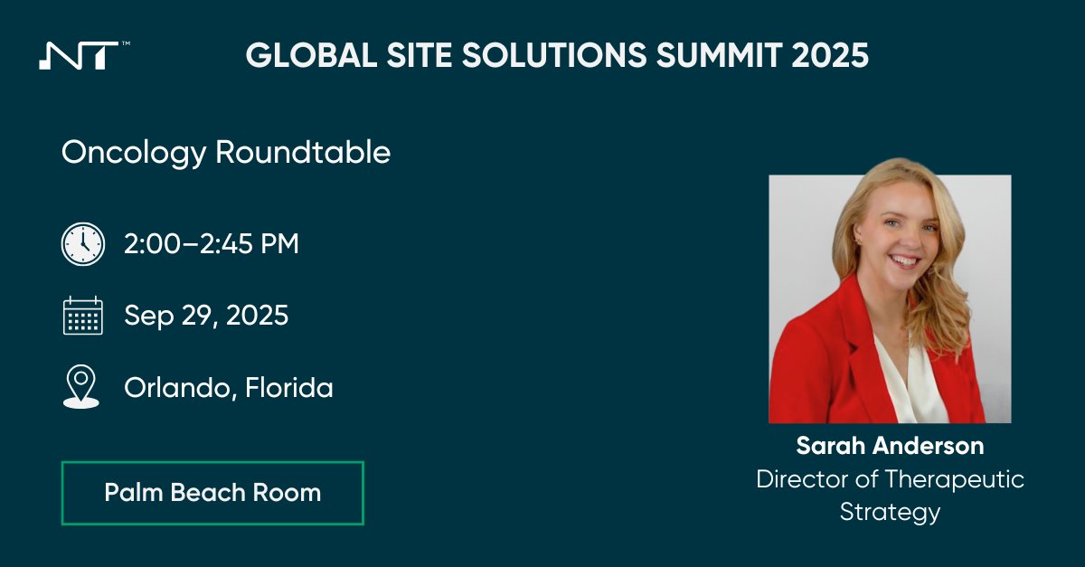 novotechCRO's tweet photo. #Novotech is at the Global Site Solutions Summit Sept 28–Oct 1 in Orlando, Booth #320.
Don’t miss Sarah Anderson’s panels:
🔹Oncology Roundtable – Sept 29, 2:00 pm
🔹Regulatory Updates – Sept 30, 11:30 am
Details: https://t.co/R0PrwygFsN
#ClinicalTrials #SiteSolutionsSummit https://t.co/CtS3ASzLoK
