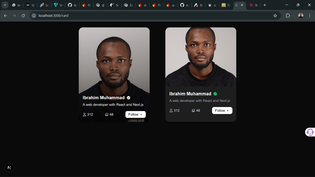 ndagi_jnr's tweet image. ✅ Done with Day 2 of my
#15DaysFrontendDevChallenge!

Today’s task: A profile card using React/Tailwind CSS.

Excited to keep building and leveling up every day 🚀
Here’s a peep 👇
#CodeChallenge
#FrontEndChallenge
#WebDevChallenge
#BuildInPublic
#WebDev
#NaijaDevs
#SteinAcademy