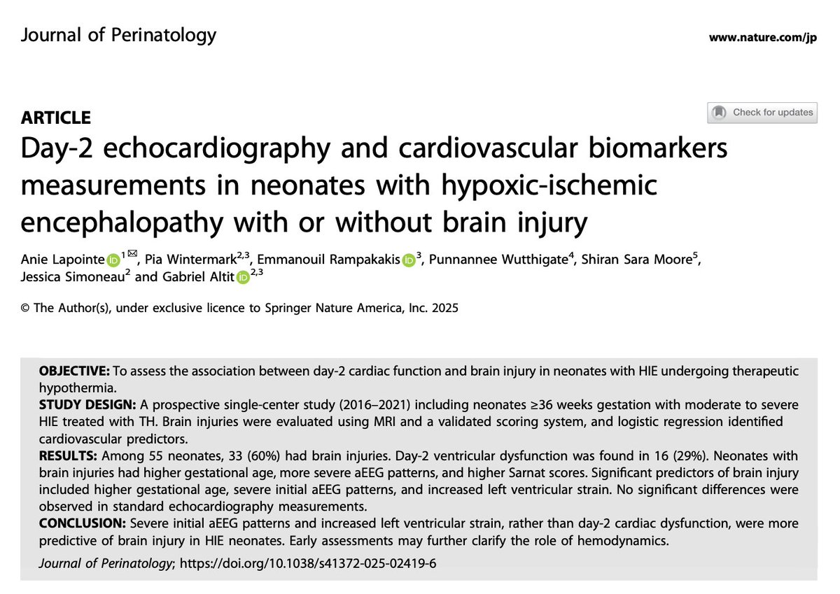 NeoCardioLab - Gabriel Altit (@cardioneo) on Twitter photo New publication: In neonates with HIE treated with TH, aevere aEEG, higher GA, and increased LV strain were the strongest predictors of brain injury. <a href="/HME_MCH/">Hôpital de Montréal pour enfants</a> <a href="/PiaWintermark/">NeoBrainLab</a> <a href="/NeoHemodynamics/">Neonatal Hemodynamics Research Centre</a>
nature.com/articles/s4137… New publication: In neonates with HIE treated with TH, aevere aEEG, higher GA, and increased LV strain were the strongest predictors of brain injury. <a href="/HME_MCH/">Hôpital de Montréal pour enfants</a> <a href="/PiaWintermark/">NeoBrainLab</a> <a href="/NeoHemodynamics/">Neonatal Hemodynamics Research Centre</a>
nature.com/articles/s4137…