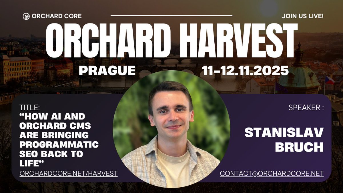 A conference without AI in 2025? Don't worry, Stanislav's talk is coming up next:
"Discover how we leverage programmatic SEO on Orchard CMS to drive organic growth in an era of AI search and zero-click results."
Tickets &amp; details: orchardcore.net/harvest