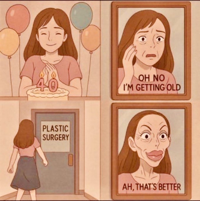 A woman with long brown hair smiling next to balloons and a cake with 40 candles. The same woman looking worried with text OH NO I\'M GETTING OLD. The woman walking toward a door labeled PLASTIC SURGERY. The woman with exaggerated facial features and text AH, THAT\'S BETTER.