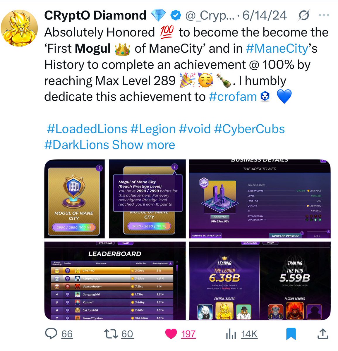 _CryptoDiamond's tweet image. Honored to become the 2nd human to reach Division 2 in #ManeCity’s History by reaching Platinum level 🎉🥳🍾 🥂 after the legendary champion @MetaCFO 🏆 💰 (and well over 2 Million $CRO in game spend on diamonds 💎, Land, and NFTs)
I was the first player to reach Division 1 over…