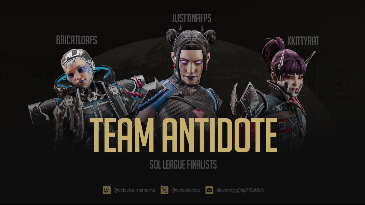 Sol League Finals tonight at 7pm EST

we are so thankful that <a href="/bricatloafs/">bri 🐈🍞</a> and <a href="/JustTinaFPS/">Syntrix | JustTinaFPS</a> are able to step in as subs while <a href="/AppyJuiice/">Appy ❀</a> and <a href="/Roediff/">roe💕</a> are absent

we are rooting for the whole team, but more specifically our official member, <a href="/kittyratAPEX/">xkittyrat</a> 

good luck tonight 💉