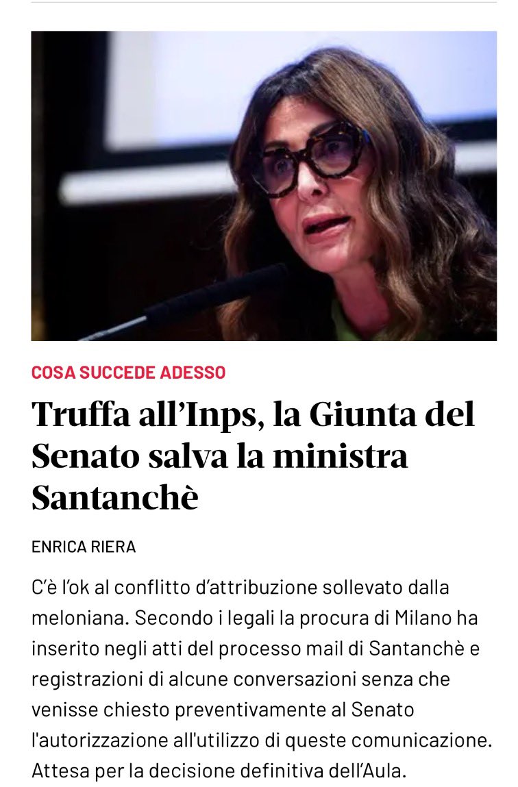 È iniziata senza vergogna al #Senato l’operazione “Salvate il soldato #Santanchè” dal rinvio a giudizio per la truffa all’Inps con la cassa integrazione Covid. L’aiuto stavolta le è arrivato dai leghisti in Giunta per le immunità .Fra ladri,ci si dà una mano