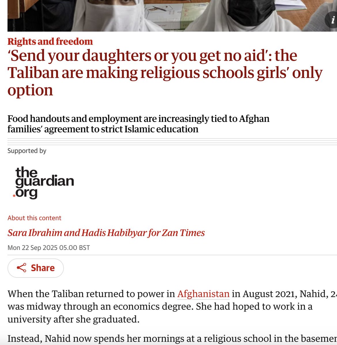 This week <a href="/ZanTimes/">Zan Times</a> published 2 stories with The Guardian—bylined by 3 Afghan women journalists.

 Despite the bans &amp; pressures, Afghan women journalists are still telling the story of Afghanistan.

Support our work by joining our weekly newsletter:
🔗 mailchi.mp/282df125eb44/z…