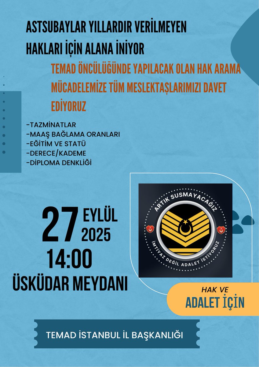 Lamı cimi yok. Astsubaylar Türk Silahlı Kuvvetlerinin omurgasıdır, ana unsurudur, vazgeçilmezidir. Astsubayları görmek zorundasınız. Ankara Büyükşehir Belediye Başkanı Mansur Yavaş kadar ilgi gösterseydiniz bu sorun çözülürdü.

<a href="/Akparti/">AK Parti</a>
<a href="/MHP_Bilgi/">MHP</a>
<a href="/herkesicinCHP/">CHP 🇹🇷</a>
<a href="/iyiparti/">İYİ Parti</a>