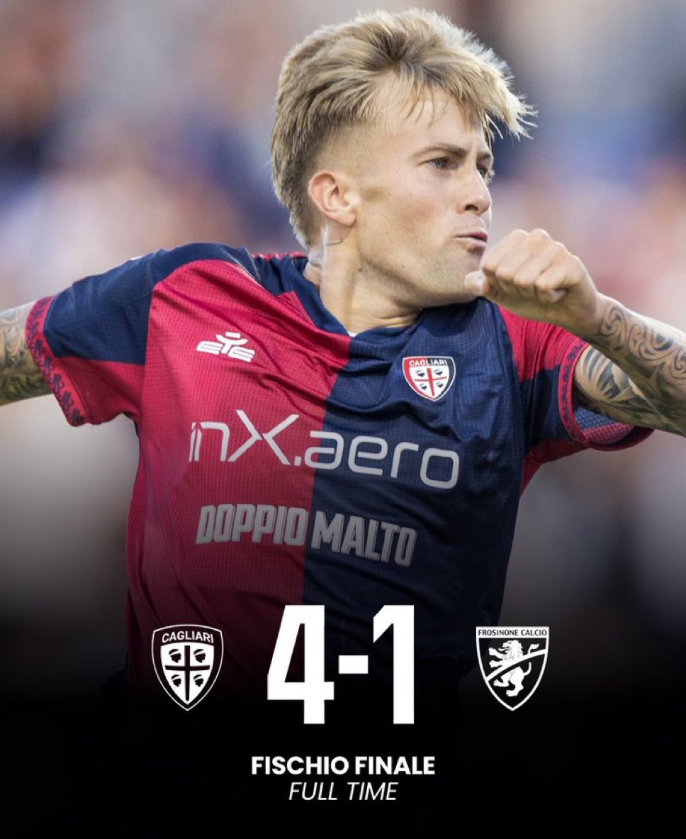 🔚 TERMINÉ ! 

🔴🔵 Cagliari domine Frosinone à domicile et file en 1/8e de finale de la Coupe d’Italie ! 🏆🇮🇹

Score final 4-1, les sardes affronteront Naples le 3 décembre prochain. 

📸 (<a href="/CagliariCalcio/">Cagliari Calcio</a>)