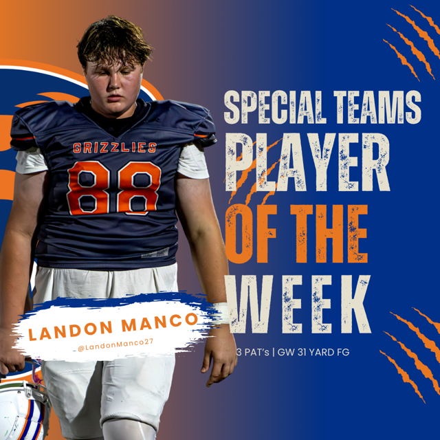 NPGrizzliesFB's tweet image. CONGRATS TO OUR WEEK 4 PLAYERS OF THE WEEK! 
 
O: @tywilli0 
D:  @Maxpalojudge 
 ST:  @LandonManco27 
SCOUT:  @Dom_Sienkiewicz
C TEAM: Mason Barr
 
S/O to @CoachMyersNP for the graphics!

#BeGREAT