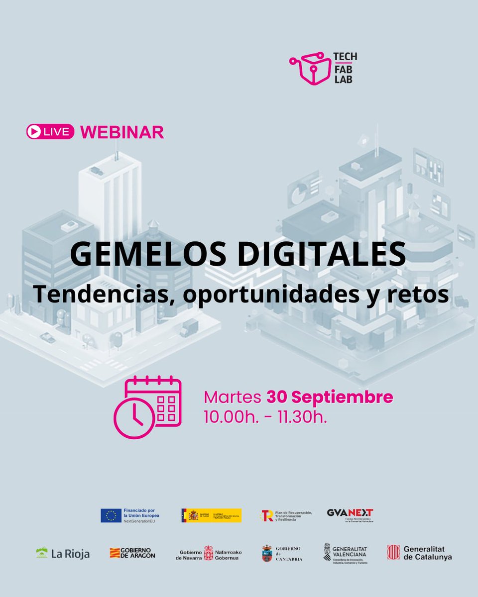 TechFabLabCV's tweet image. 𝗪𝗲𝗯𝗶𝗻𝗮𝗿 𝗚𝗲𝗺𝗲𝗹𝗼𝘀 𝗗𝗶𝗴𝗶𝘁𝗮𝗹𝗲𝘀
El 𝟯𝟬/9 #TechFabLab organiza un webinar dedicado a explorar el presente y futuro de los gemelos digitales.
La jornada se dirige a profesionales de la industria, startups y emprendedores techfablabcv.es/eventos/webina…