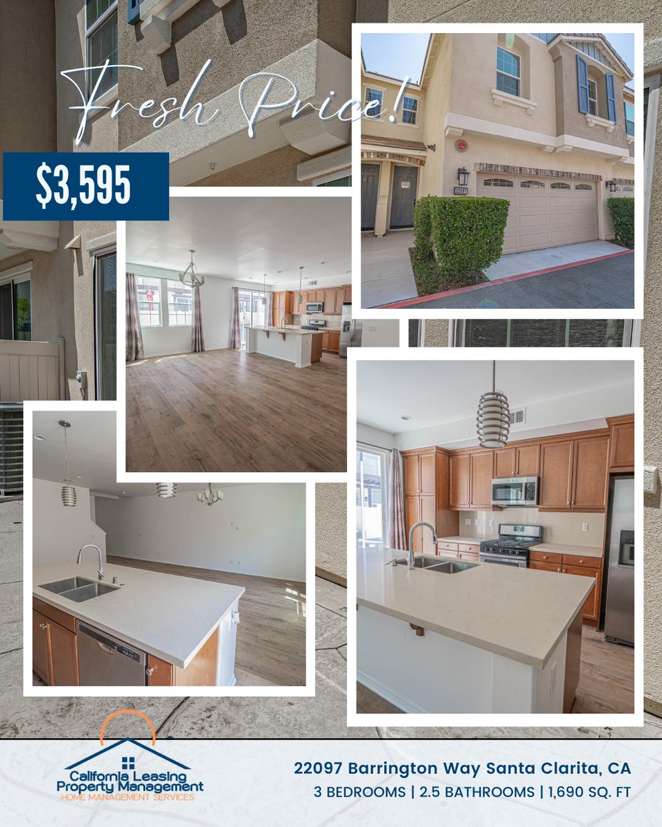 CALeasing's tweet image. FRESH PRICE!! 🏡✨ Santa Clarita 3-Bedroom River Village Home for Rent! ✨🏡

🛏️ Bedrooms: 3  
🛁 Bathrooms: 2.5  
📏 Living Space: 1,690 sq. ft.  
📅 Available: August 18th  
🐾 Pet Policy: Small Pets Considered

Apply now at Californialeasing.com