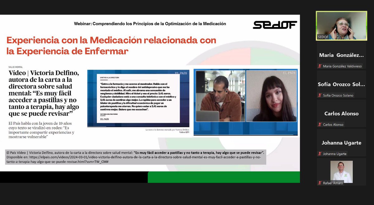 “Las personas están deseando compartir su experiencia con la medicación” <a href="/MarthaMilenaSi2/">Martha Milena Silva Castro</a> 

Webminar <a href="/SEDOF_ORG/">SEDOF</a> 

Comprendiendo los principios de la optimización de la medicación
#medsexperience