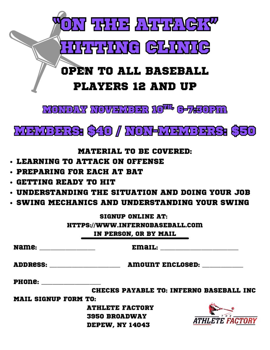 ON THE ATTACK! Hitting clinic.

Make sure you’re on the attack when you’re teams on offense! 

infernobaseball.com/register1.php?…
