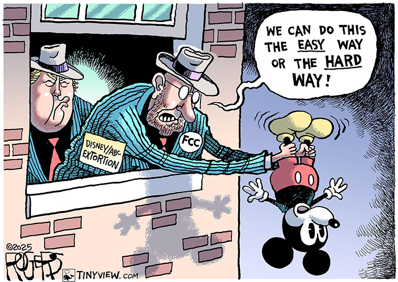 Rob_Rogers's tweet image. Aaah … the perils of drawing in a 24-hour news cycle. As I was finishing up inking this cartoon, the news broke that Jimmy Kimmel was coming back. It doesn’t excuse the mafia-like tactics used by Trump and Brendan Carr of the FCC. #Trump #FCC #JimmyKimmel #Disney #BrendanCarr