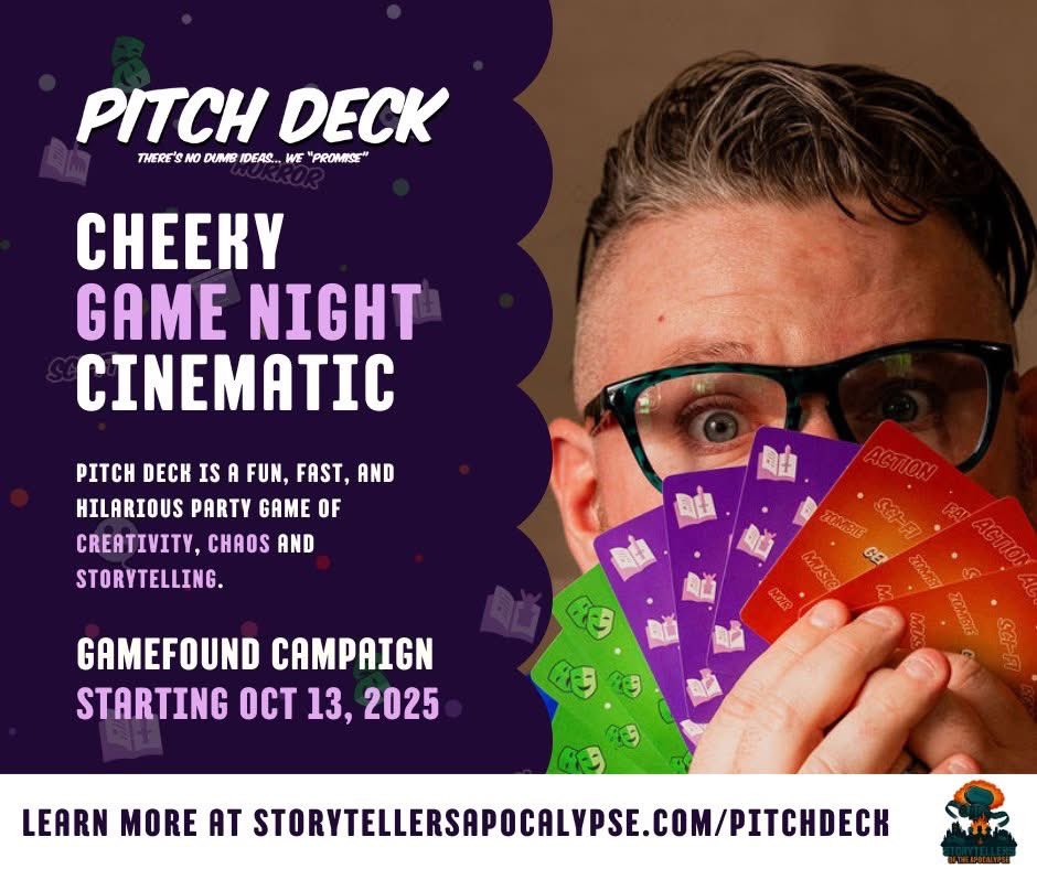 dkjohnston's tweet photo. 🎬 Pitch Deck is coming!

Cheeky. Cinematic. Chaos.

A party game where wild ideas become ridiculous movie pitches.

👉 Back us on Gamefound starting Oct 13, 2025:
https://t.co/axV1yrPV9g

#pitchdeck #boardgames #movies #partygames https://t.co/l7TBhRPLQn