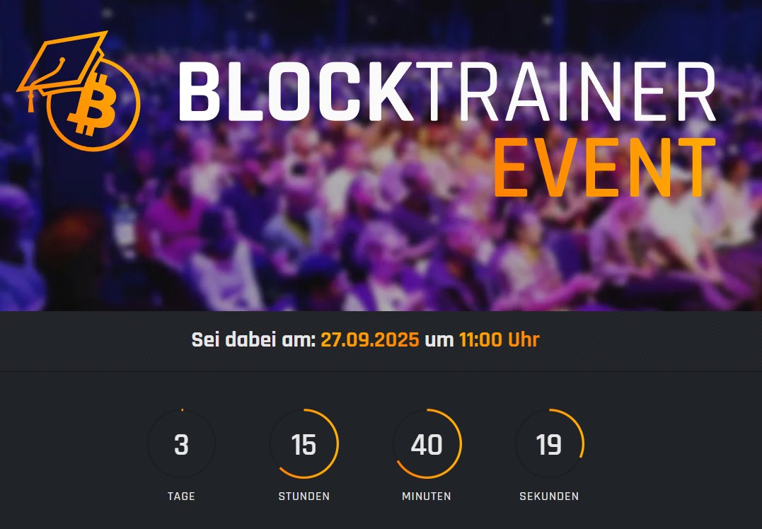 In 4 Tagen geht es wieder los, das alljährliche <a href="/blocktrainer/">Blocktrainer</a> Event findet statt!😍

Ich freue mich auf zahlreiche bekannte und neue Gesichter! Sprecht mich gerne an, ich bin der Typ mit den Laseraugen!🤪

Die Foodtrucks nehmen Lightning als Bezahlung an. Installiere und befülle