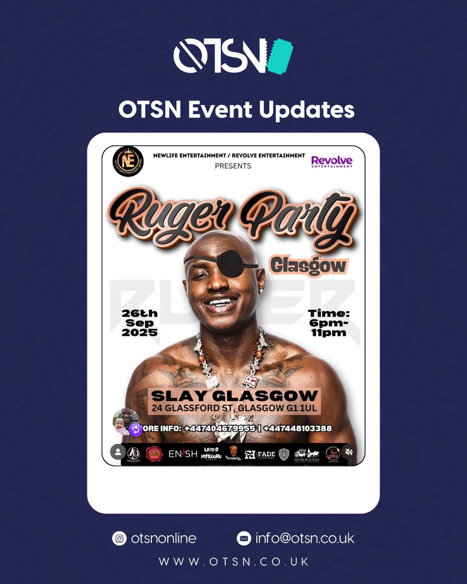 otsnonline's tweet image. Happening in Glasgow!
Get your tickets 

@rugerofficial pulling up in tha city! 
We outside! 

Hosted by Revolve Entertainment &amp;amp; NEWLIFE Entertainment!

Ticket available here! 
 fatsoma.com/e/pj824yyv/rug…