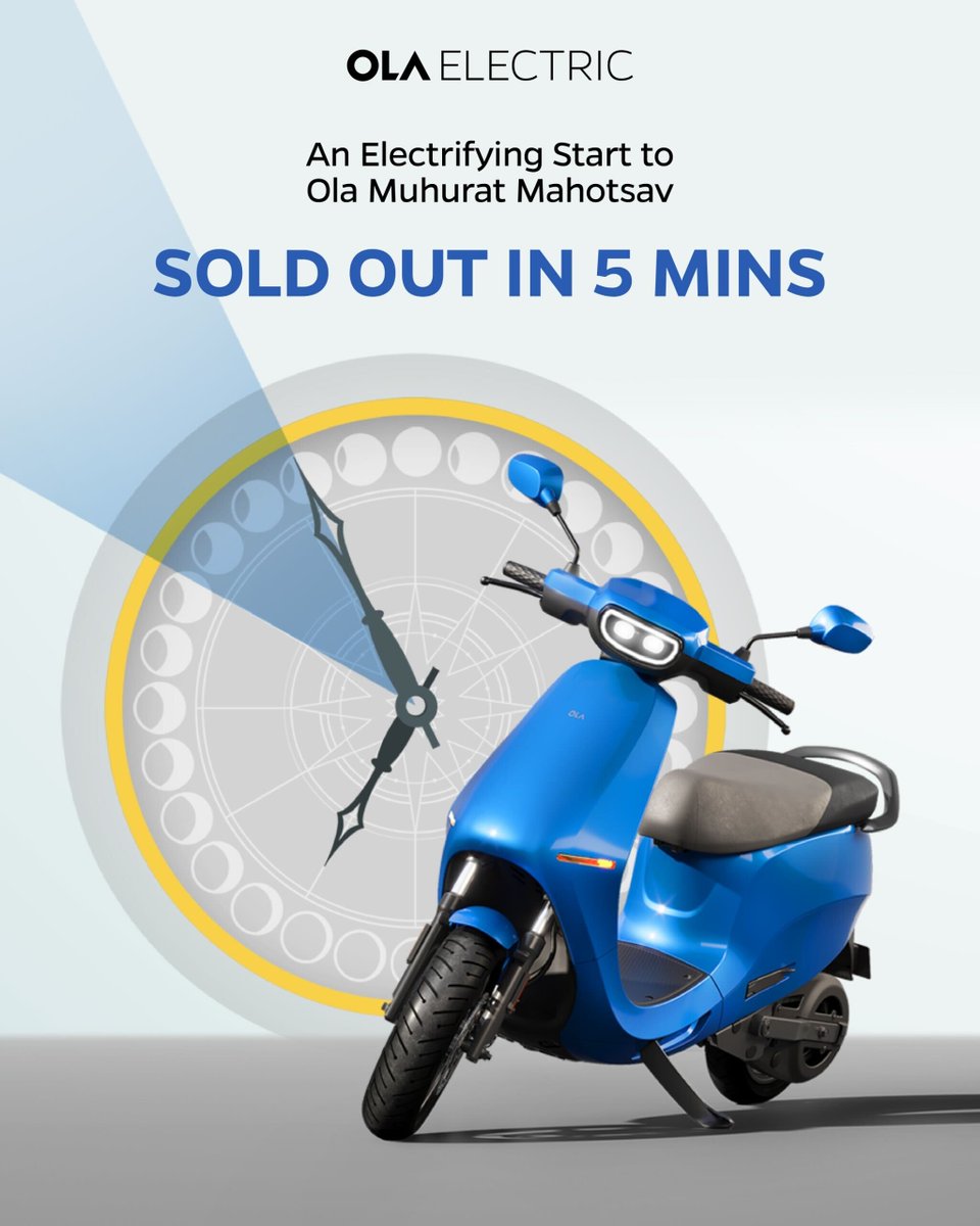OlaElectric's tweet image. Sold out in 5 minutes on Day 1! 🙌 
Couldn’t have asked for a better start to the festive season. 8 more muhurats, 8 more opportunities to bring home your Ola!⚡ 
#OlaCelebratesIndia